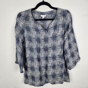 J.Jill Linen Top 3/4 Sleeve Tunic Size XS Pure Jill Blue Gray Check Plaid V Neck